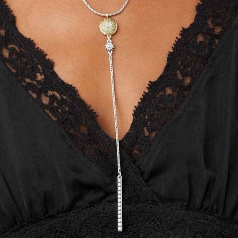 Lucky Brand Western Boho Y Necklace Mixed Metal Pearl Medallion Two Tone EUC